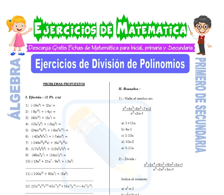 ejercicios de polinomios para 1 de secundaria