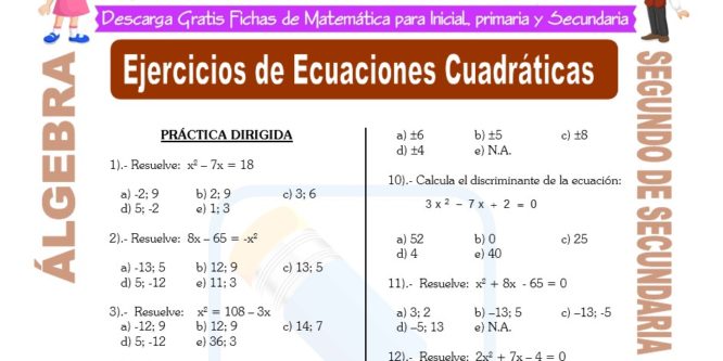 Ficha de Ejercicios de Ecuaciones Cuadráticas para Estudiantes de Segundo de Secundaria