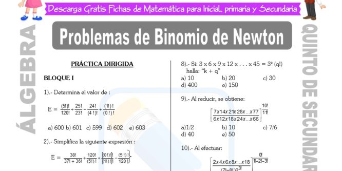 Ficha de Problemas de Binomio de Newton para Estudiantes de Quinto de Secundaria