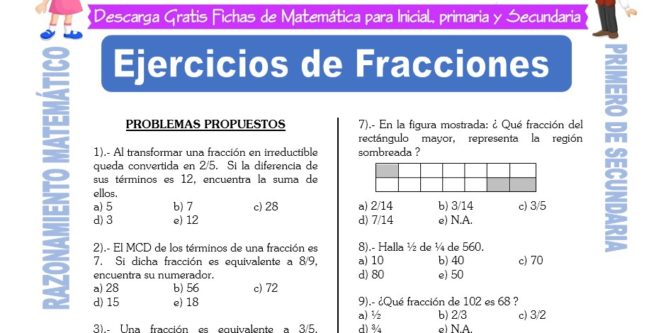 Ficha de Ejercicios de Fracciones para Estudiantes de Primero de Secundaria