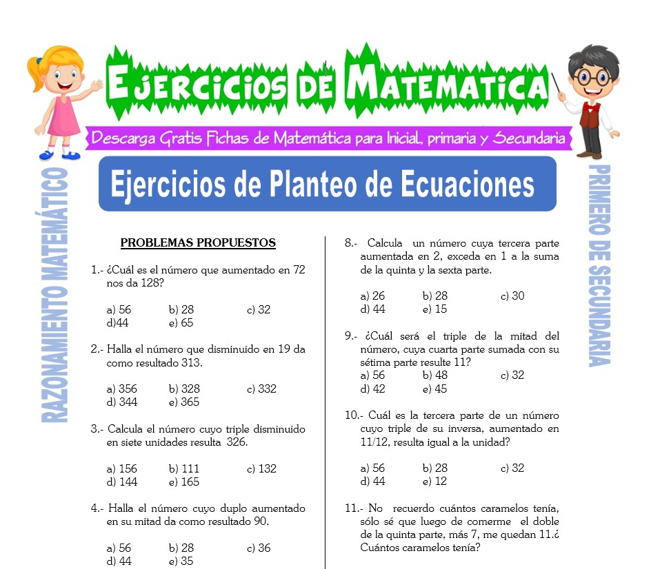 Ficha de Ejercicios de Planteo de Ecuaciones para Estudiantes de Primero de Secundaria