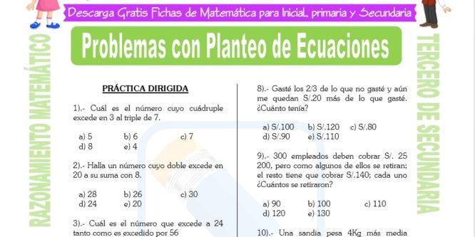 Ficha de Problemas con Planteo de Ecuaciones para Estudiantes de Tercero de Secundaria