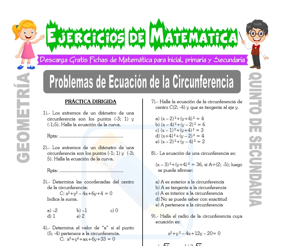 Ficha de Problemas de Ecuación de la Circunferencia para Estudiantes de Quinto de Secundaria