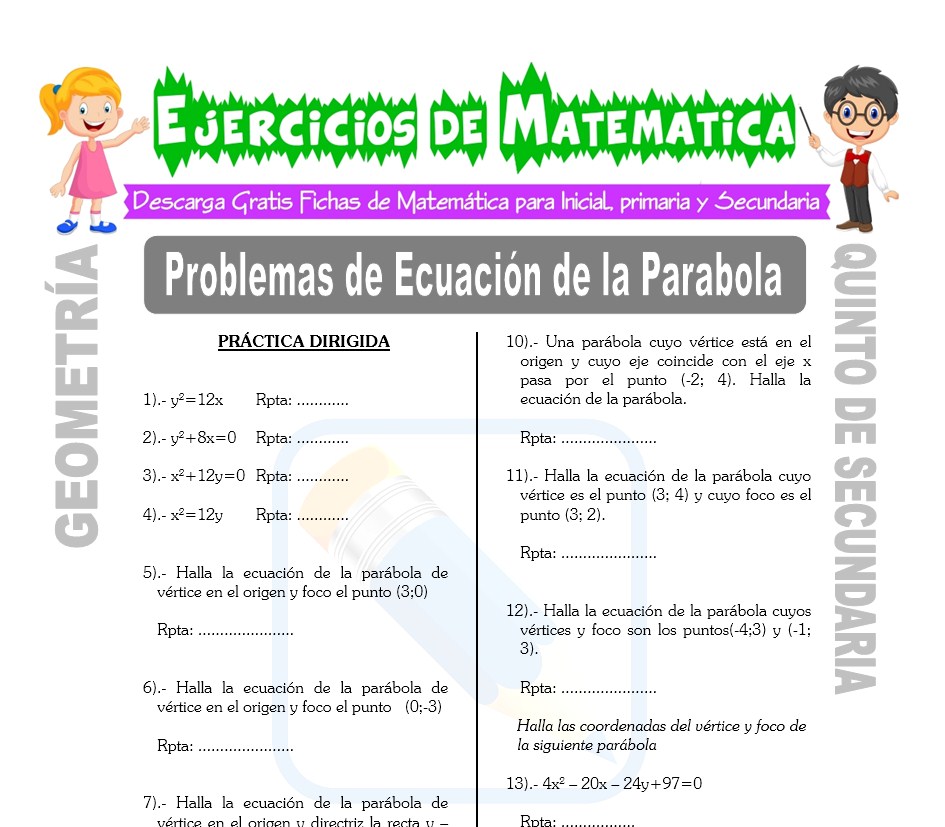Ficha de Problemas de Ecuación de la Parábola para Estudiantes de Quinto de Secundaria