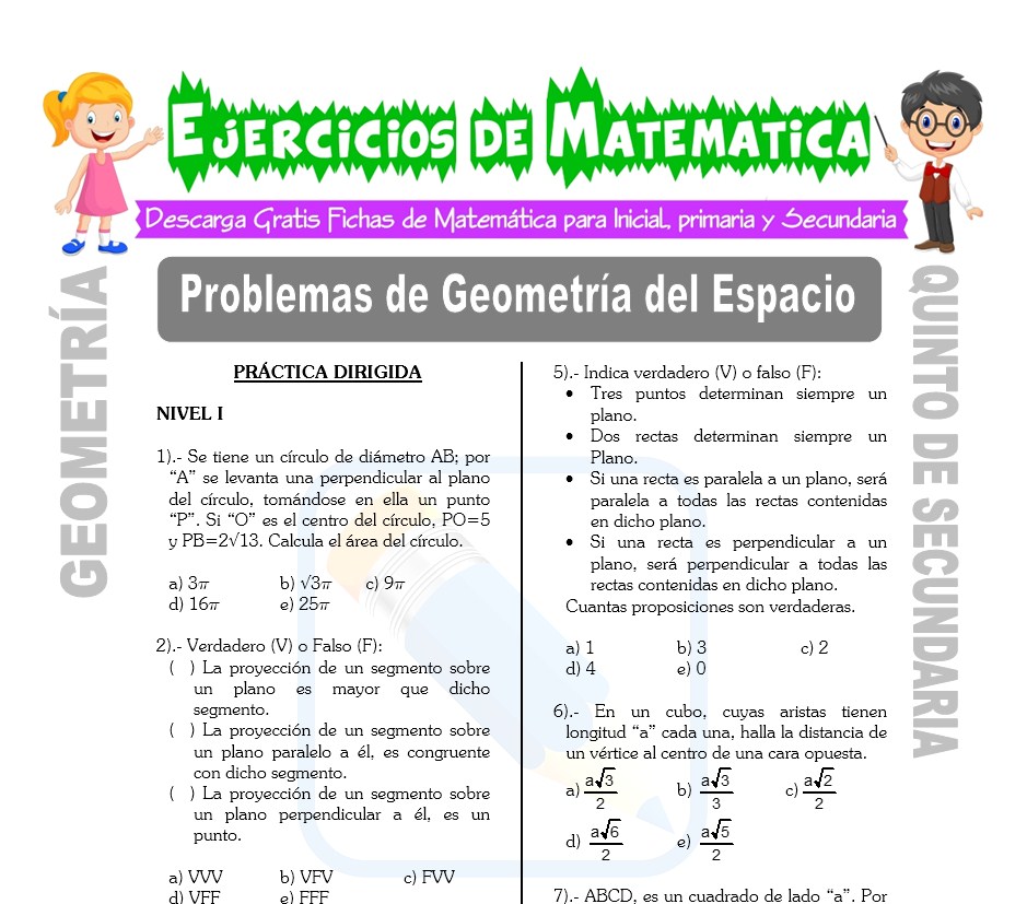 Ficha de Problemas de Geometría del Espacio para Estudiantes de Quinto de Secundaria