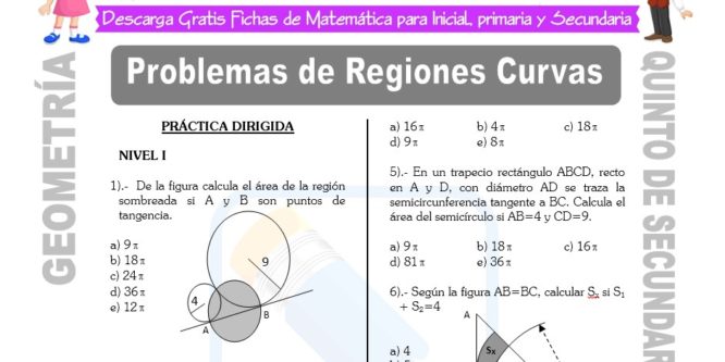 Ficha de Problemas de Áreas de Regiones Curvas para Estudiantes de Quinto de Secundaria