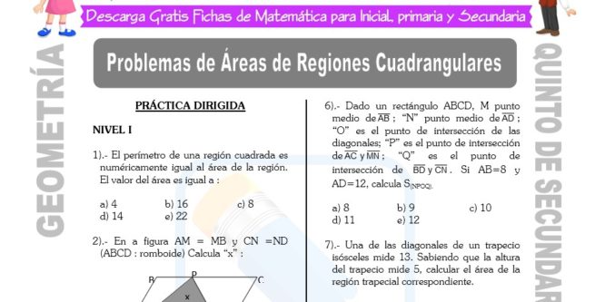 Ficha de Problemas de Áreas de Regiones Cuadrangulares para Estudiantes de Quinto de Secundaria