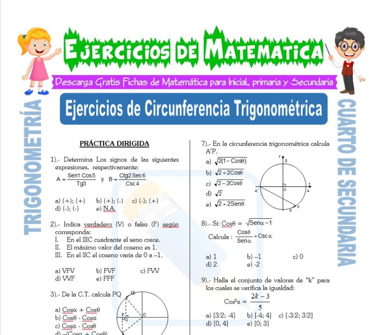 Ejercicios de Circunferencia Trigonométrica para Cuarto de Secundaria