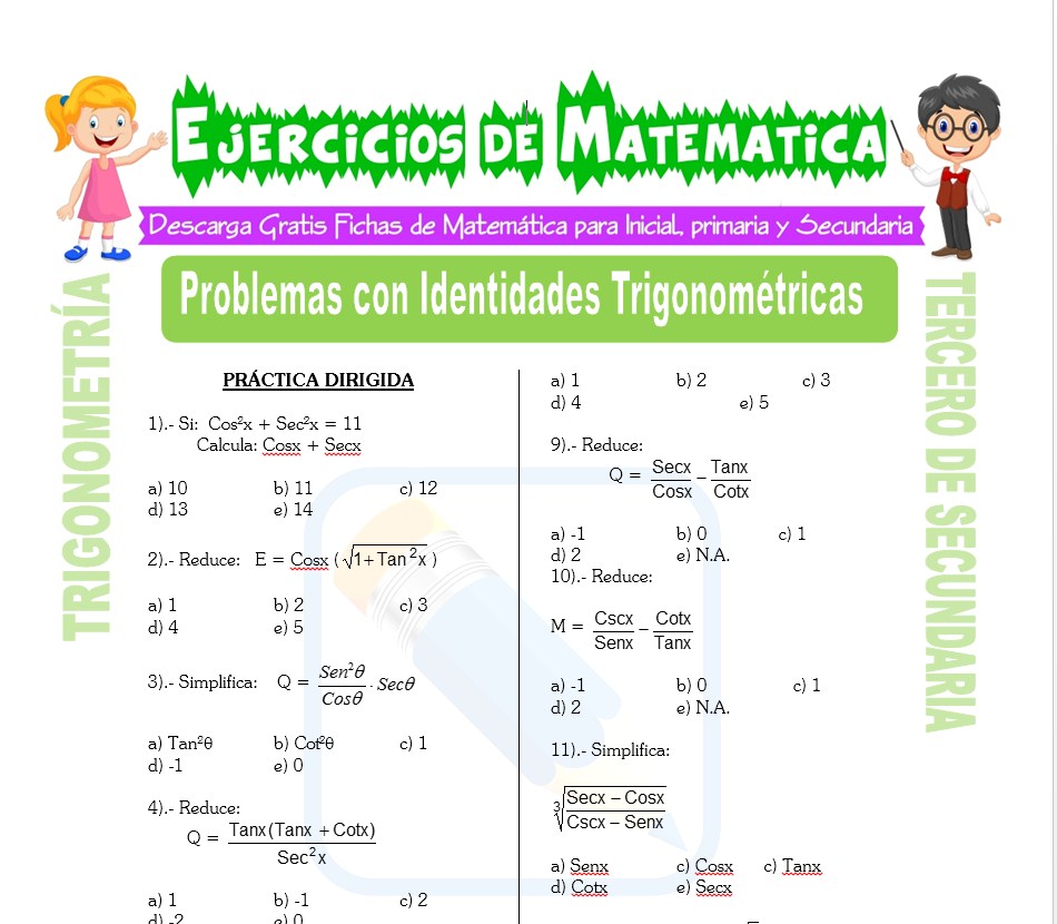 Ficha de Problemas con Identidades Trigonométricas para Estudiantes de Tercero de Secundaria