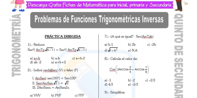 Ficha de Problemas de Funciones trigonométricas Inversas para Estudiantes de Quinto de Secundaria