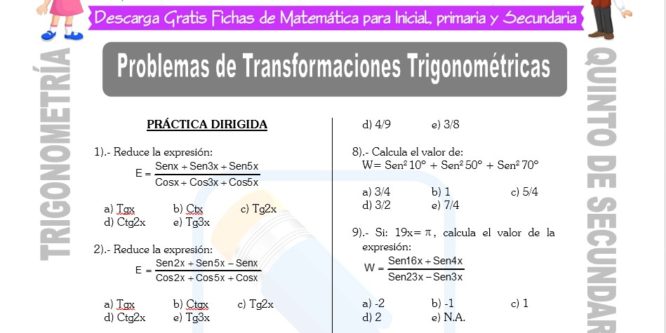 Ficha de Problemas de Transformaciones trigonométricas para Estudiantes de Quinto de Secundaria