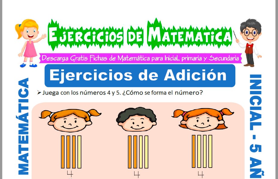 Modelo de la ficha de Ejercicios de Adición para Estudiantes de Inicial de 5 Años.