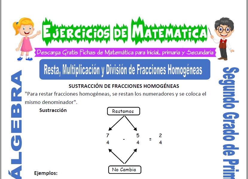 Resta, Multiplicación y División de Fracciones Homogéneas para Segundo de Primaria